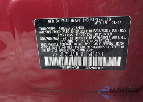 2017 Subaru Forester 2.5I z USA, uszkodzony, nr VIN JF2SJABC3HH541433